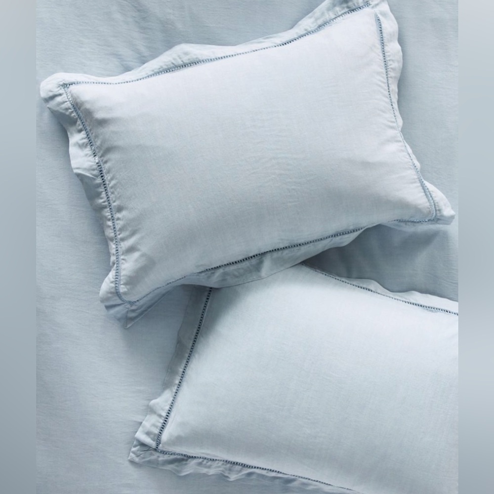 Anthropologie one set of 2 embroidered linen 
Sky blue standard shams